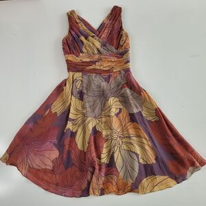 100% SILK SIGRID OLSEN PURPLE PINK YELLOW ORANGE FLORAL MIDI  SLEEVELESS DRESS